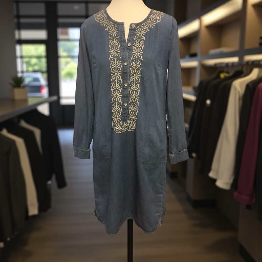 J. JILL MISSY BLUE DENIM LONG SLEEVE/ EMBROIDERED DESIGN SHIRT DRESS/ Size XS